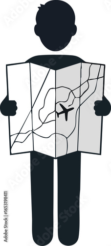 Vector icon of a person planning a journey, holding a travel map with an airplane flight path. Concept of tourism, navigation, and vacation planning.