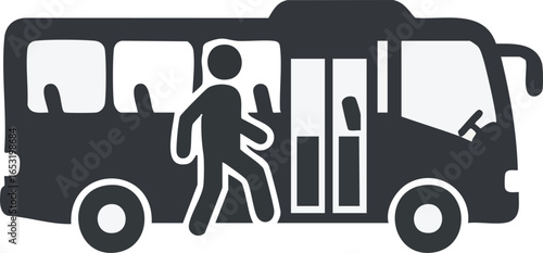 Passenger boarding a bus silhouette icon. Concept of public transportation, commuting, and urban travel.