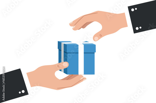 Hands exchanging blue gift box present in business suit sleeves vector illustration 