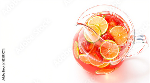Glass Pitcher of Refreshing Summer Fruit Punch with Fresh Lime Slices and Strawberries Isolated on White Background for Beverage and Drink Menu Design