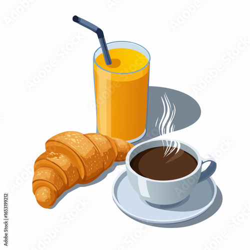 Une tasse de café fumante, un croissant et un verre de jus d'orange, 3D isométrique, fond blanc
