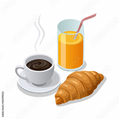 Une tasse de café fumante, un croissant et un verre de jus d'orange, 3D isométrique, fond blanc