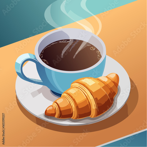 Jolie illustration d'une tasse de café fumante et d'un croissant, fond coloré, 3D, appétissant