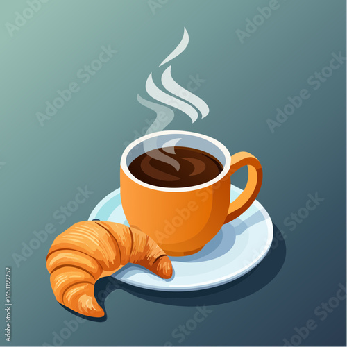 Jolie illustration d'une tasse de café fumante et d'un croissant, fond coloré, 3D, appétissant