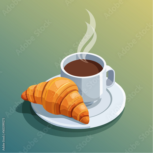 Jolie illustration d'une tasse de café fumante et d'un croissant, fond coloré, 3D, appétissant