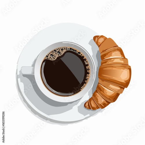 Une tasse de café et un croissant vu du dessus, petit déjeuner, fond blanc