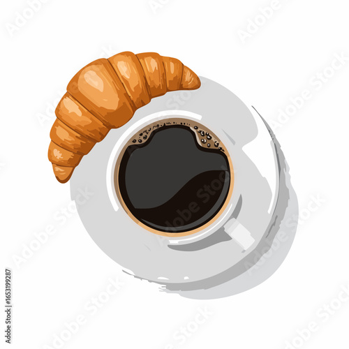 Une tasse de café et un croissant vu du dessus, petit déjeuner, fond blanc