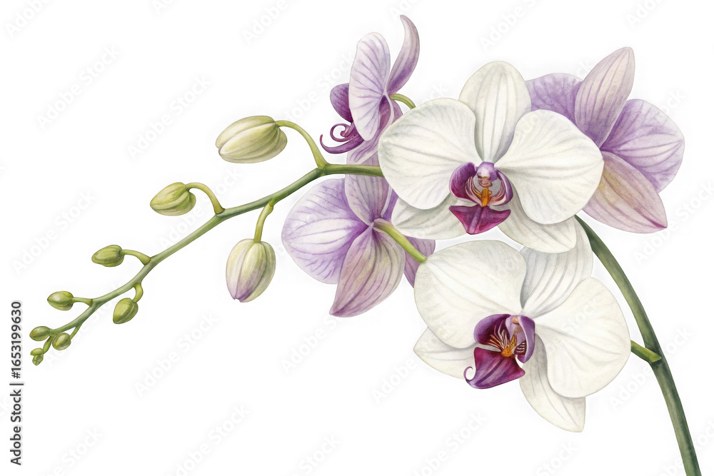Obraz premium Delicate phalaenopsis orchid blossoms with buds in soft hues isolated on transparent background