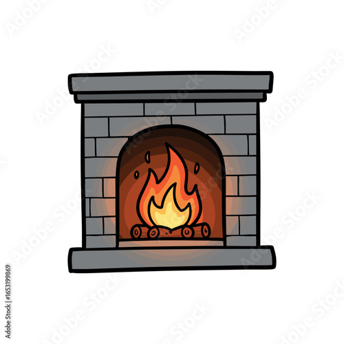 Cozy fireplace with burning logs and dancing flames in stone hearth. Vector illustration