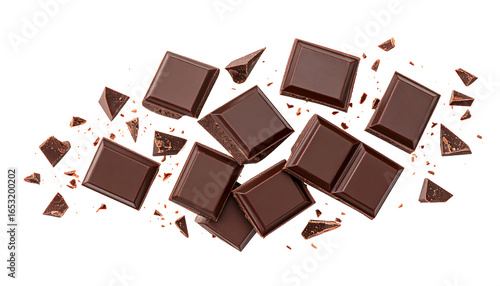 Delicious dark chocolate squares and shards, isolated on white,  exuding rich, decadent texture and tempting aroma, perfect for food and beverage advertising.