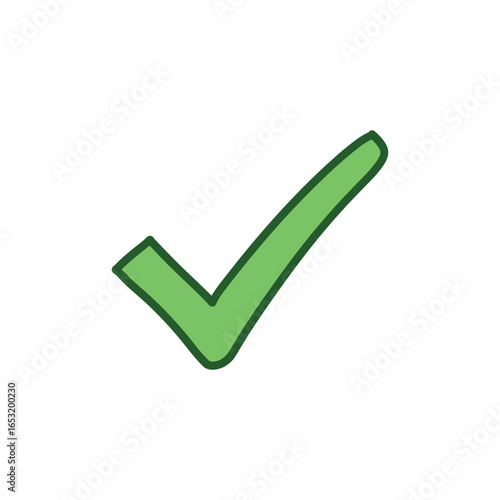 Simple green check mark icon on white background for correct or affirmative indication. Vector illustration