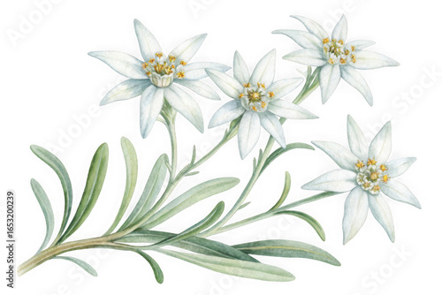 Delicate cluster of white edelweiss flowers with green leaves isolated on transparent background