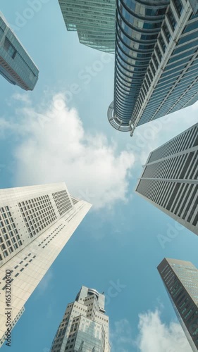 Singapore time lapse city skyline looking up under skyscraper building business district (vertical)