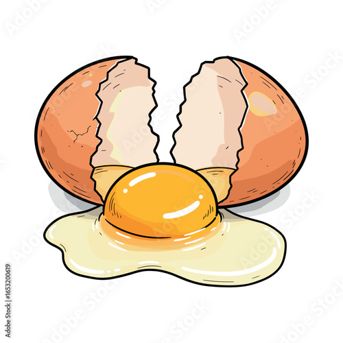 Broken egg with yolk and egg white on white background. Vector illustration