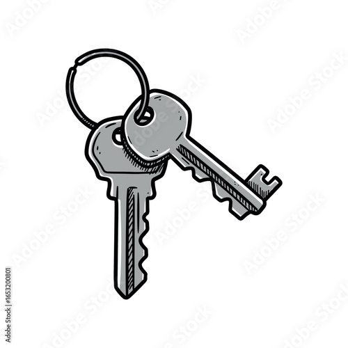 Two silver metal keys on keyring with detailed texture on white background. Vector illustration