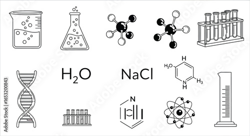 A collection of black and white science illustrations including beakers and molecular structures