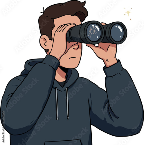 Young man looking through binoculars curiosity and exploration concept vector illustration 