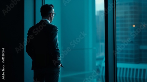 Back view portrait of successful businessman standing by window and looking outside with his hands in pockets, copy space