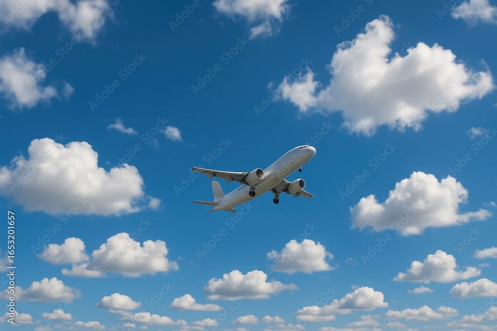Obraz premium Ascending into the boundless sky, a commercial airliner soars above a sea of fluffy clouds