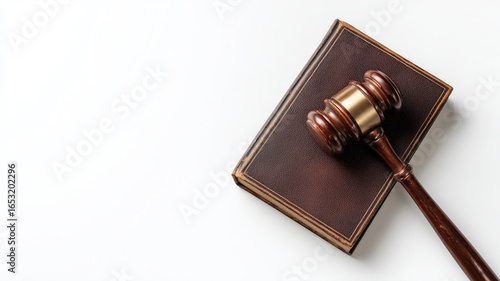 Gavel and law book on white surface