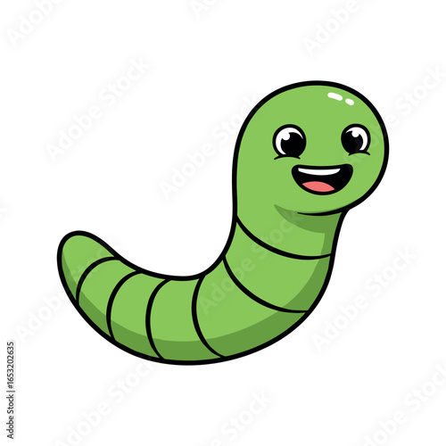 Happy smiling cartoon green worm with big eyes and cheery expression. Vector illustration