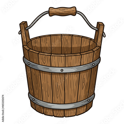 Wooden bucket with metal bands and wood handle - detailed rustic design on white. Vector illustration