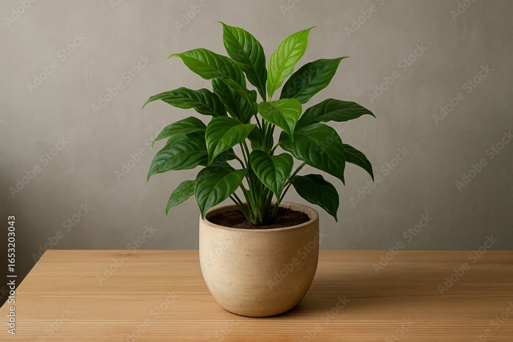 Fototapeta premium A lush green plant thrives in a simple yet elegant beige pot, set against a subtle gray wall, symbolizing peace and growth