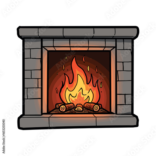 Cozy fireplace with logs and flames in rustic stone setting. Vector illustration