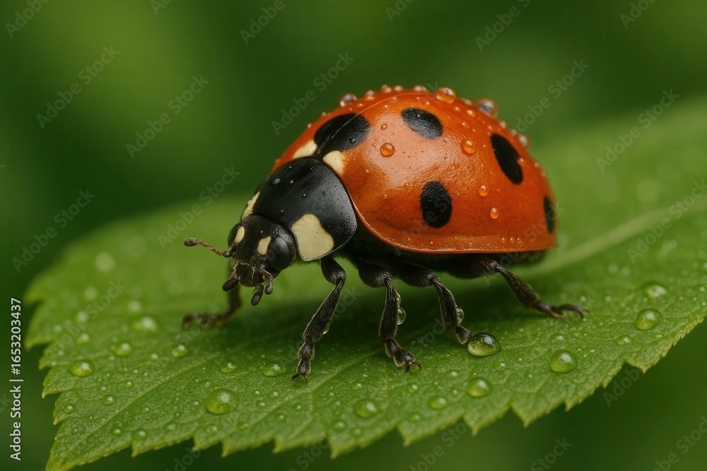Naklejka premium A ladybug with glistening droplets of water rests on a fresh green leaf