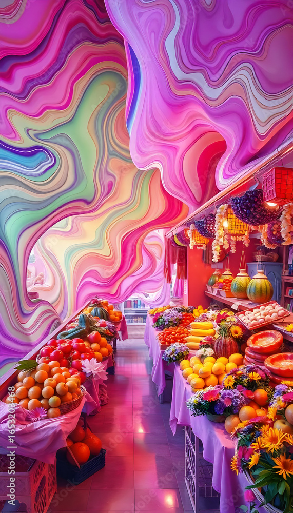 Fototapeta premium Colorful Produce Market With Abstract Patterns