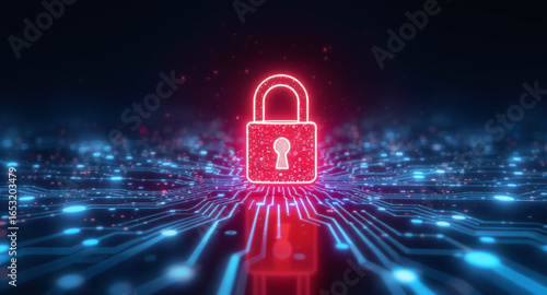 Data protection technology concept: A glowing red padlock serves as a focal point within a dynamic digital landscape of blue illuminated circuit pathways and nodes, representing secure network connect