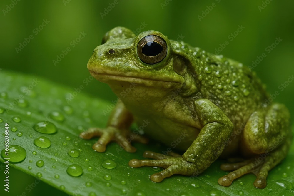 Amidst the verdant embrace of nature, a solitary green frog sits poised on a dew-kissed leaf, its eyes reflecting the dappled light that filters through the lush greenery Amidst the verdant embrace of nature, a solitary green frog sits poised on a dew-kissed leaf, its eyes reflecting the dappled light that filters through the lush greenery