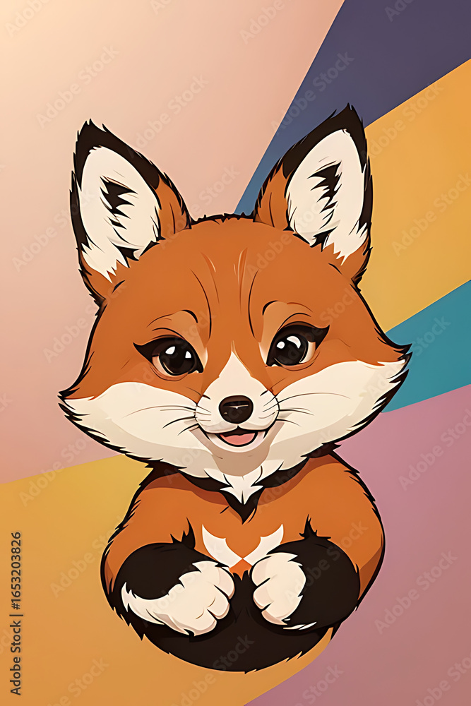 Obraz premium Cute cartoon fox with big eyes and paws, against a colorful abstract background.