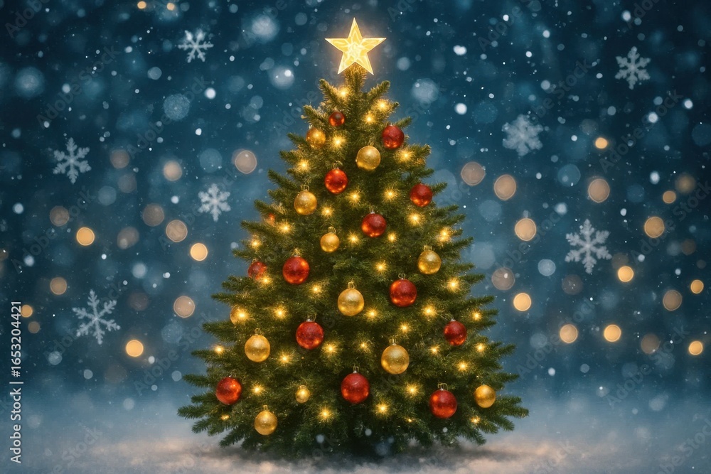 Obraz premium Amidst a winter wonderland, a radiant Christmas tree shines with golden ornaments under a snowy sky dotted with gentle snowflakes