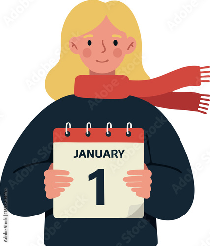 Woman holding January first calendar page with red scarf and black sweater vector illustration 