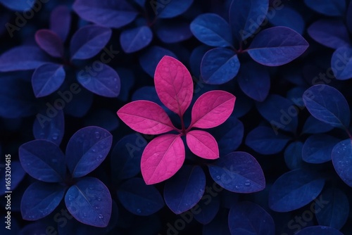 A solitary pink flower stands out amidst a sea of deep blue leaves, creating a striking contrast in this close-up nature photograph