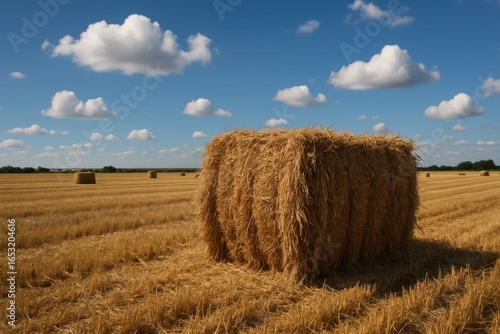 A large hay bale sits in a field under a blue sky with fluffy clouds