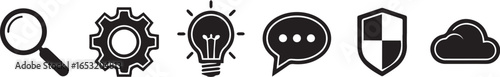 Six grayscale icons depicting search, settings, idea, communication, security, and cloud computing against a white background.