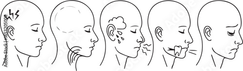 Simple line drawings illustrating various head and neck pain locations: headache, jaw pain, earache, sinus pain, showing five different profiles against a white