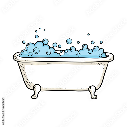 Hand-drawn bathtub with bubbles on white background. Vector illustration