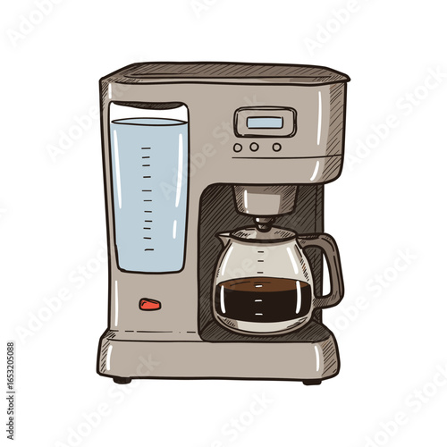 Modern coffee maker with glass carafe and digital display on white background. Vector illustration