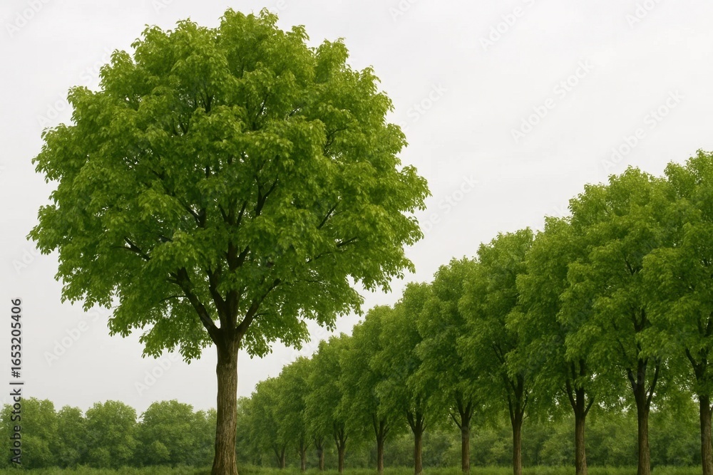 Obraz premium A serene forest of tall green trees under a cloudy sky