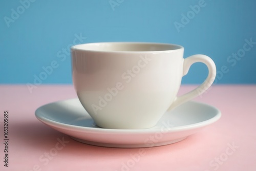 A pristine white teacup rests on a matching saucer against a calming blue backdrop, inviting contemplation and relaxation