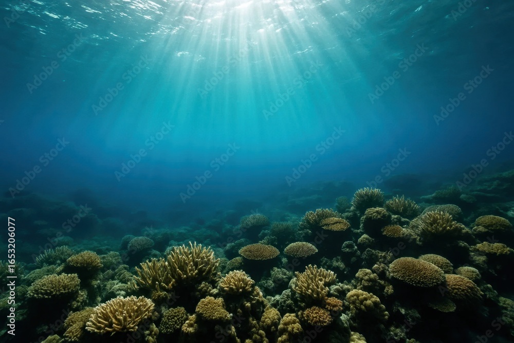 Naklejka premium Sunlight Pierces Through a Coral Reef in the Deep Blue Ocean