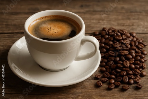 An inviting cup of coffee accompanied by a heap of freshly ground beans on a rustic wooden table