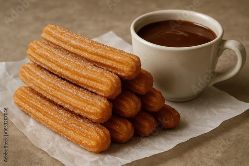 Indulge in the classic comfort of churros with a rich cup of hot chocolate