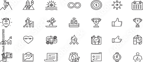 Motivation line icon collection. Thin linear vector illustrations featuring personal growth, goal setting, success, achievement, rocket launch, teamwork, passion, and thumbs up symbols.