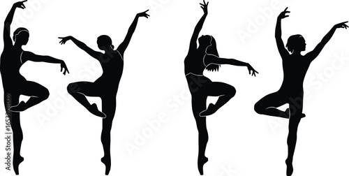 Ballet dancer silhouettes in elegant poses, graceful movement, dance performance, artistic figure, classical choreography, performing arts, balance, vector illustration, art