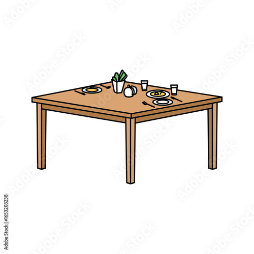Minimalist wooden dining table set for four with simple tableware and plant. Vector illustration