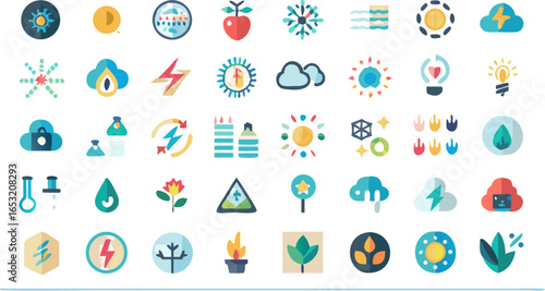 Vibrant icon set presenting weather conditions, environment, energy, and nature symbols collection